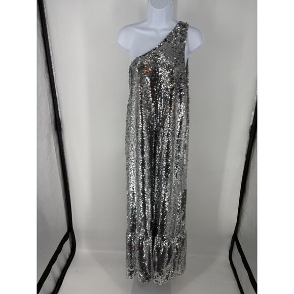 Maeve Dresses & Skirts - Silver Sequin One Shoulder Maxi Dress